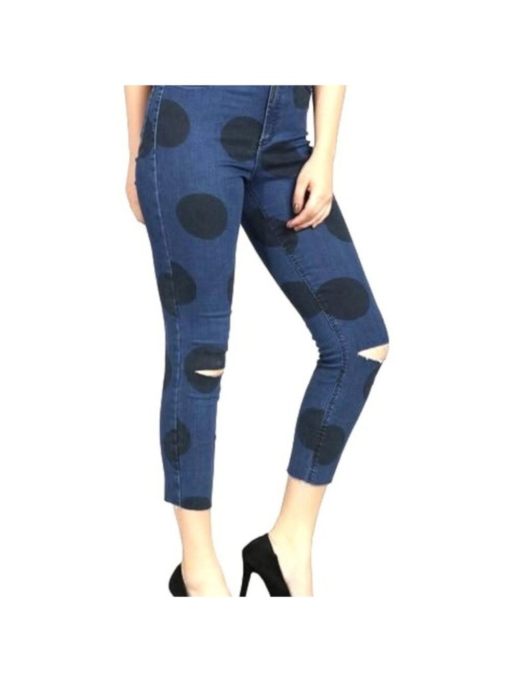 ZARA Trafaluc Denim Makers Polka Dot Skinny Jeans Cropped Blue Black Size 4 - Picture 2 of 10